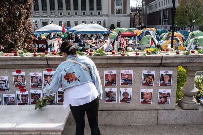 A makeshift memorial at Columbia, seen on April 23, pays tribute to Jewish hostages taken by Hamas in October.