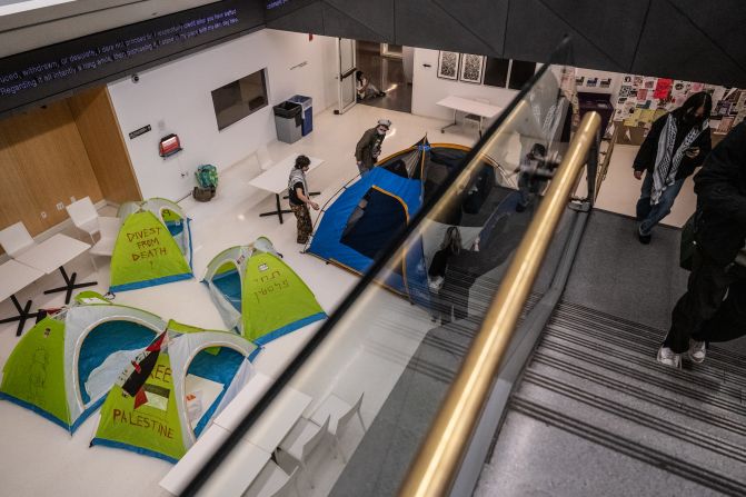 Student activists set up camp at a New School cafeteria on April 21.